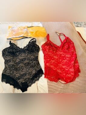 Shapelllx Shapewear Lace Bodysuits Set Of 2 Black & Red